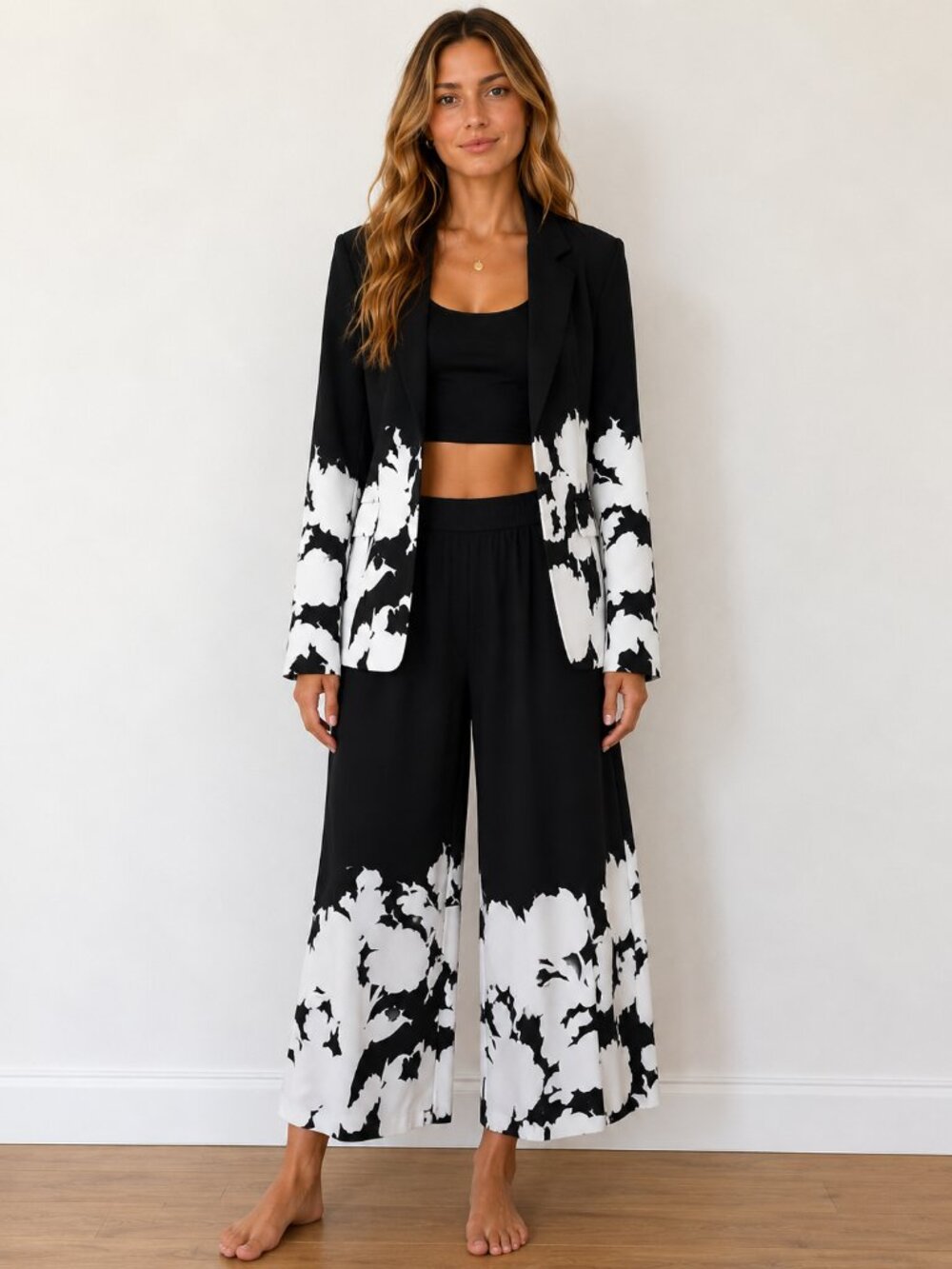 Joseph Ribkoff 2 Piece Black White Floral Jacket & Wide Leg Pant Set Size 14/16